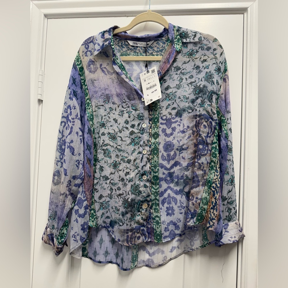 Zara Women's Multicolor Patterned Button-Down Blo… - image 1